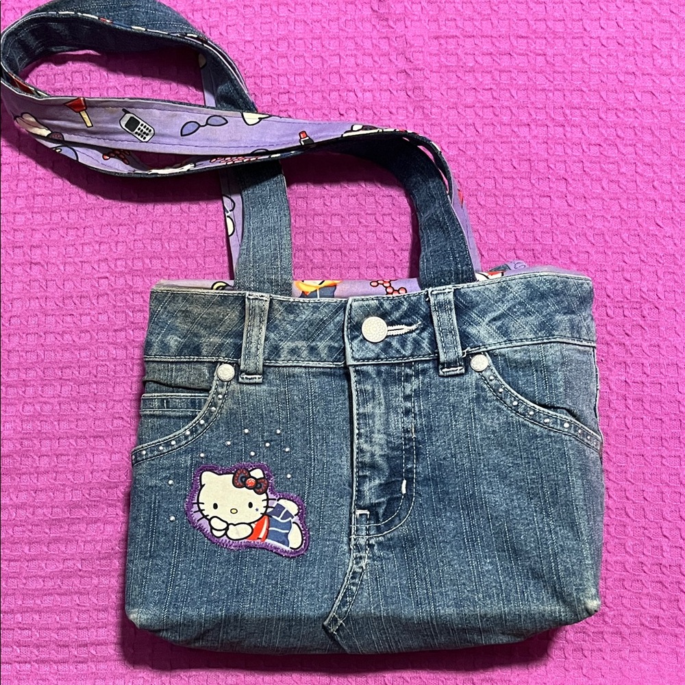 Cute Denim Kids Bag with Hello Kitty Patch - Denim and Purple - Good Condition